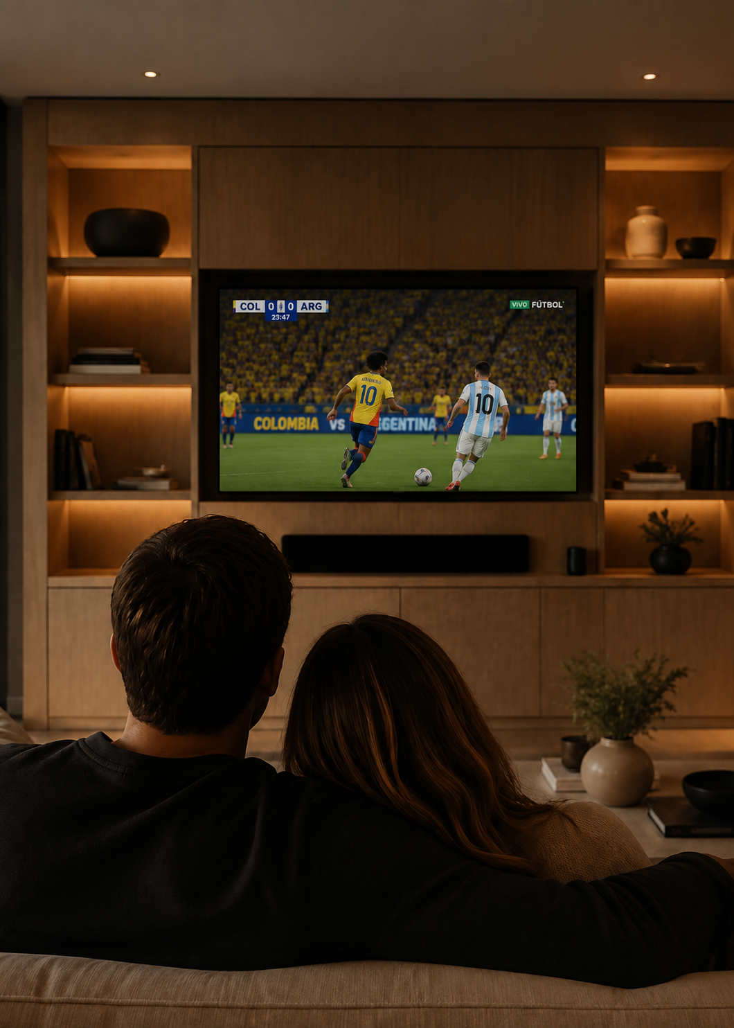 Pareja de espaldas viendo un partido de fútbol en su centro de entretenimiento a la medida